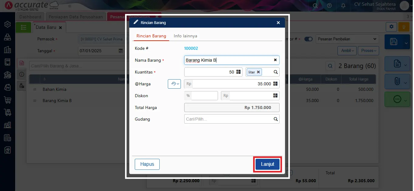 membuat pesanan pembelian Accurate Online